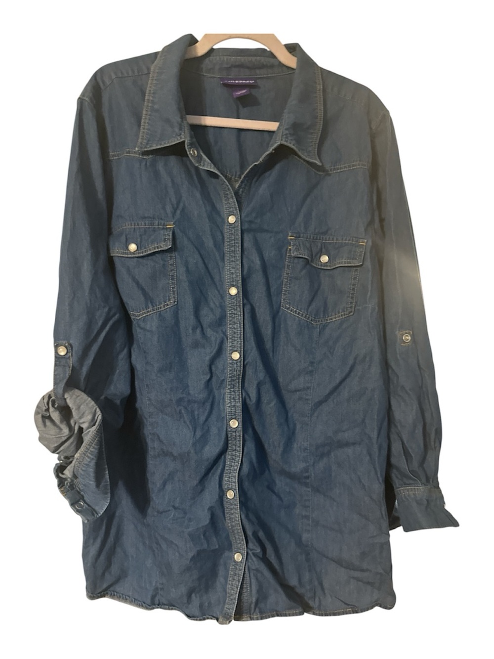 Catherines Blue Denim Button-Down Shirt  two x 100% cotton like new roll sleeve